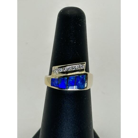 Vintage 14k Yellow Gold Australian Opal Diamond Ring Size 6 Signed T.D. - Picture 3 of 13